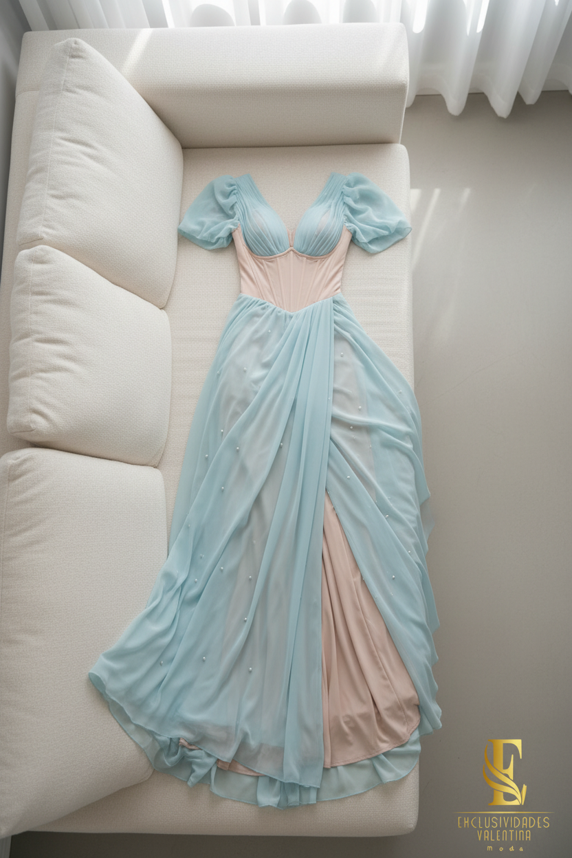 Vestido Celeste Chiffon con Corsé y Mangas Puff cod.V663