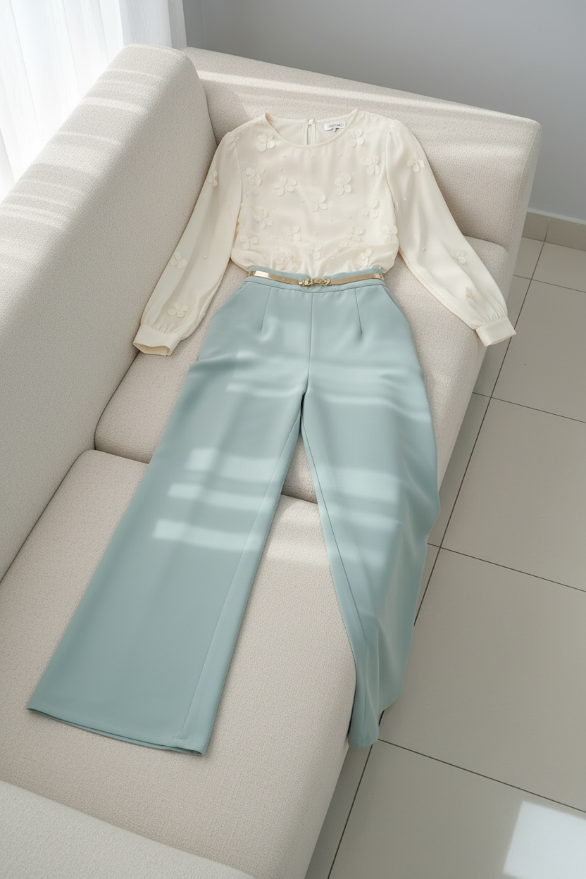 Conjunto Verde Menta Blusa Chiffon Flores 3D y Palazzo cod.C379