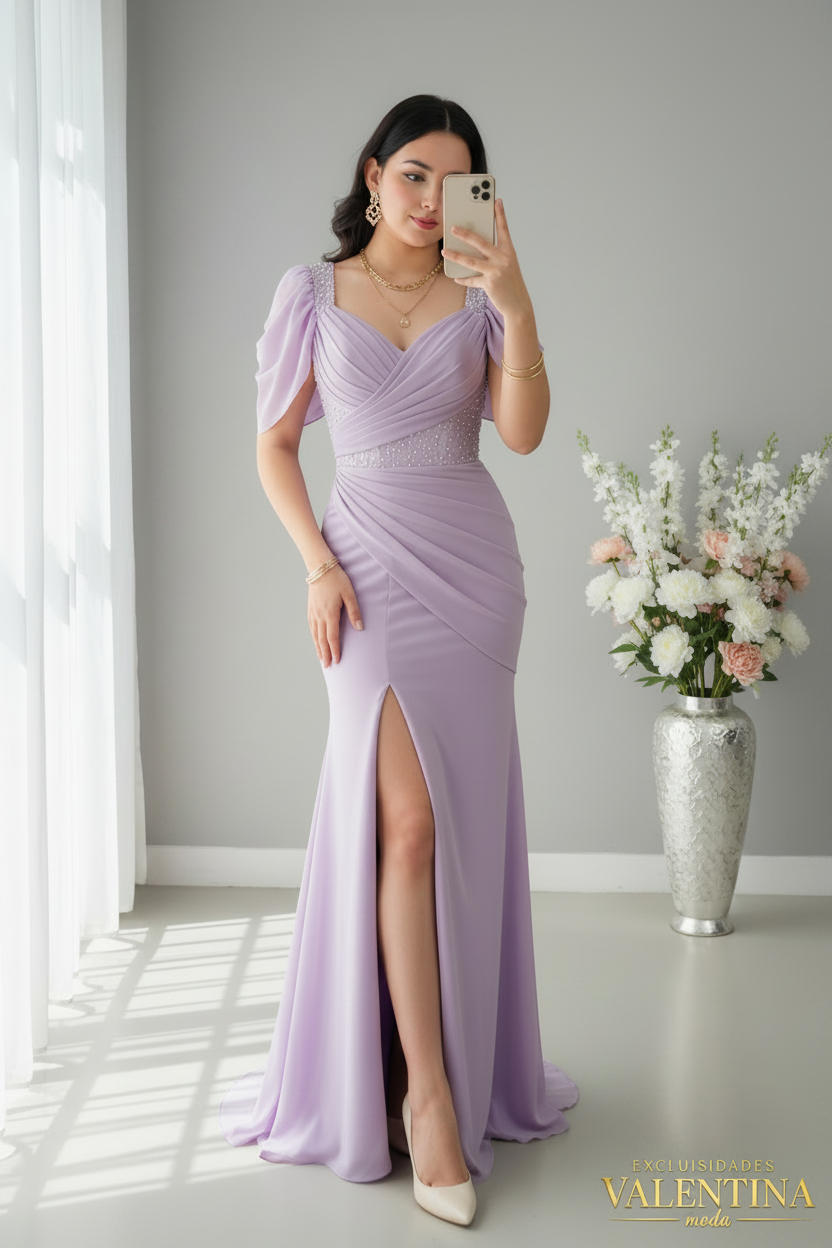 Vestido Lila Sirena con Escote V y Abertura Frontal cod.V507