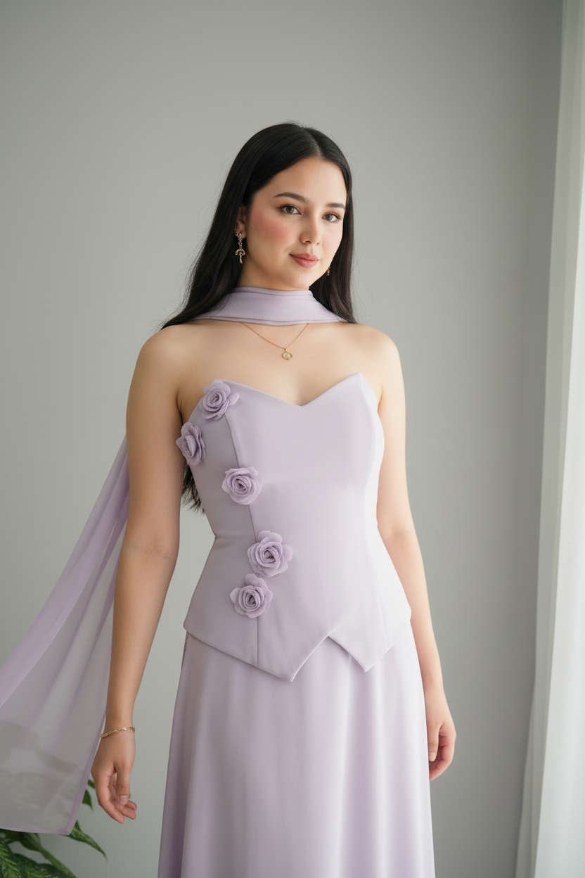 Conjunto Lila Lavanda Corset con Rosas 3D y Capa