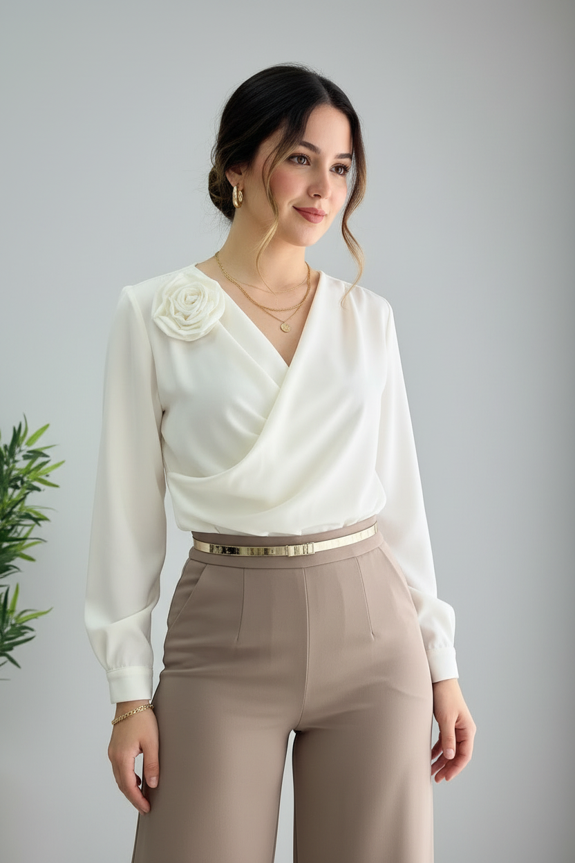 Blusa Blanca — Escote V Cruzado & Rosa D cod.870