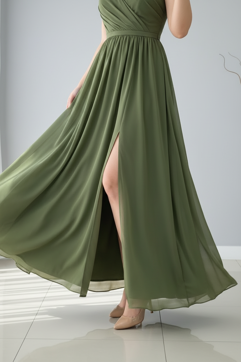 Vestido Verde Olivo Un Hombro con Flor cod.V358