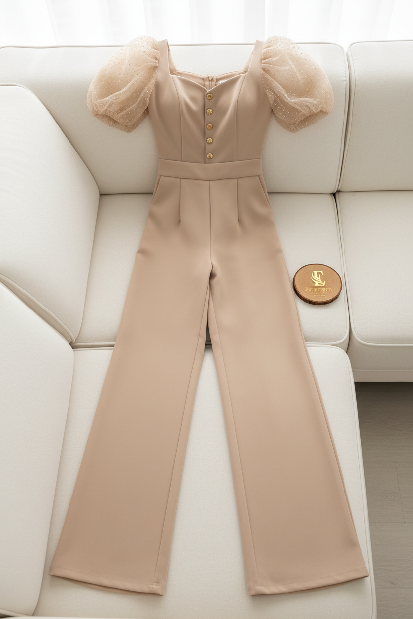 Jumpsuit Beige Champagne — Escote Corazón, Botones Dorados & Mangas Tul Perlas cod.880