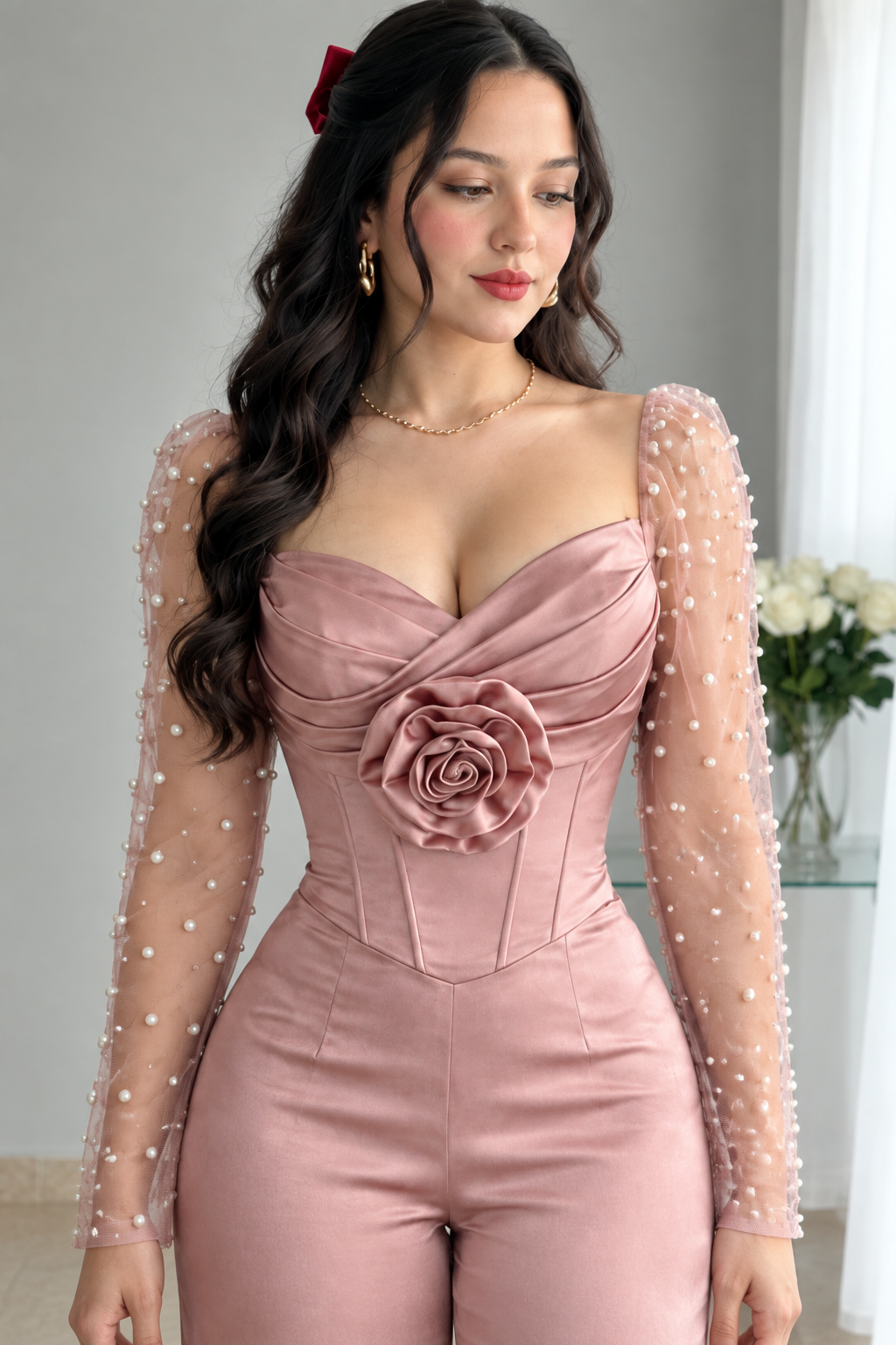 Conjunto rosa palo corsé con rosa 3D y pantalón palazzo cod. CJ006
