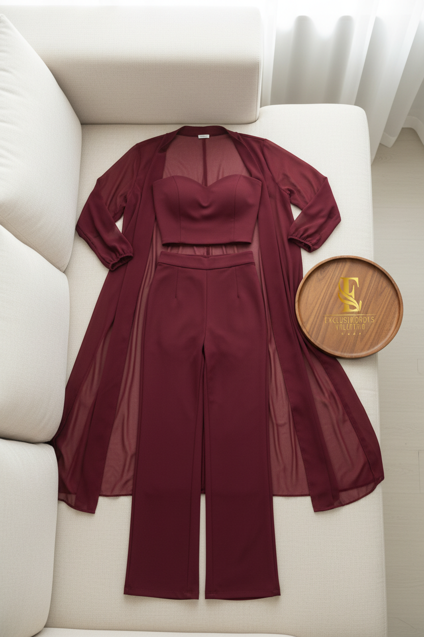 Conjunto Vino 3 Piezas — Crop Top, Palazzo & Kimono de Gasa cod.0029