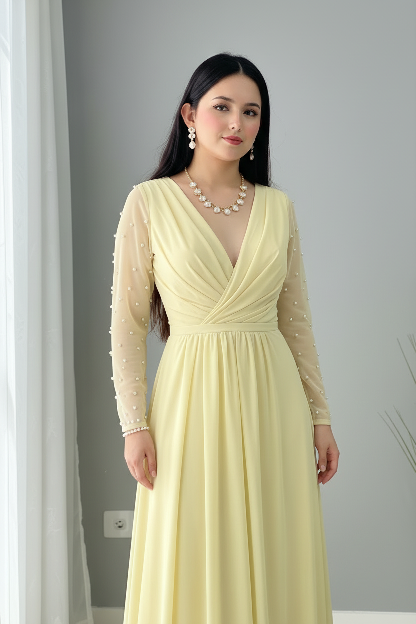 Vestido Amarillo Pastel Manga Larga Tul Perlas Abertura cod.V691
