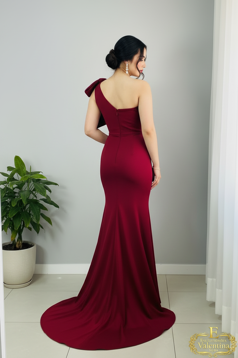 Vestido Rojo Vino Un Hombro Lazo Estructurado Sirena cod.926