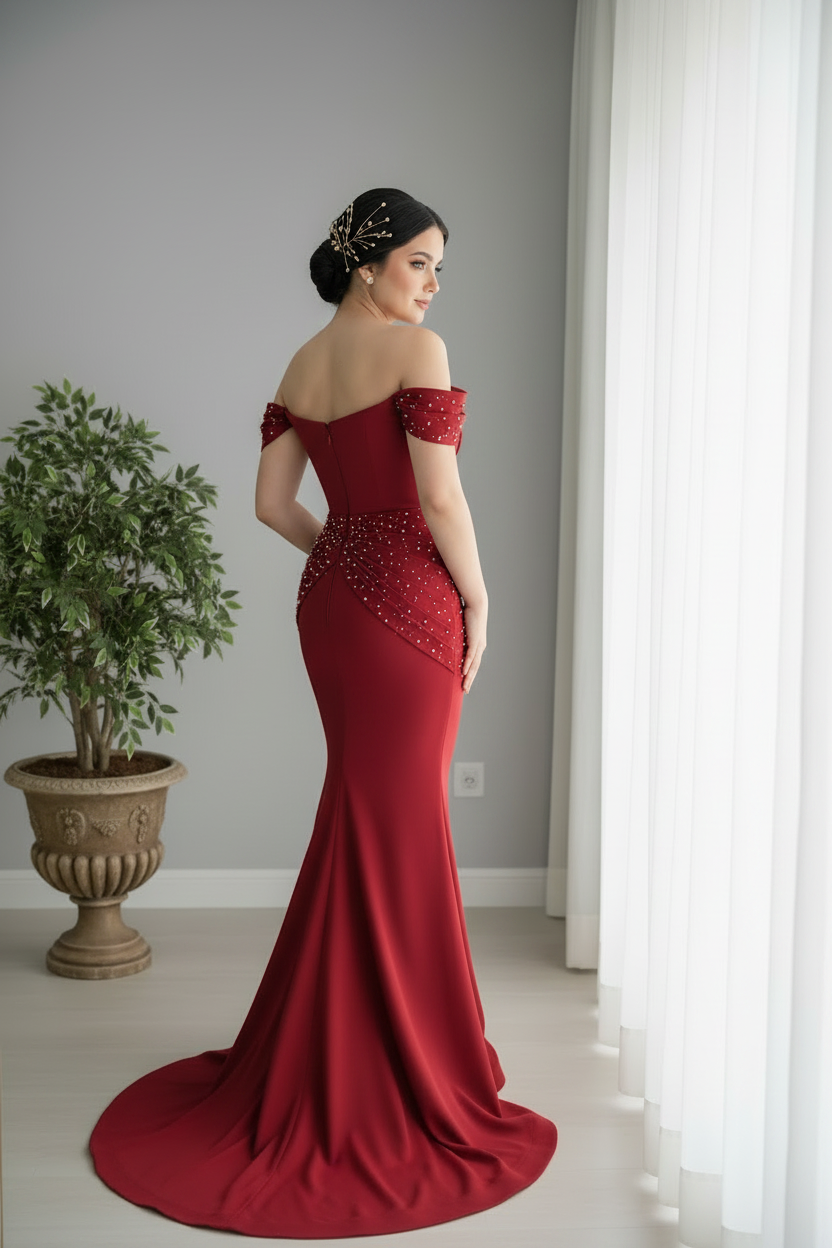 Vestido Rojo Off-Shoulder Perlas Sirena cod.0023