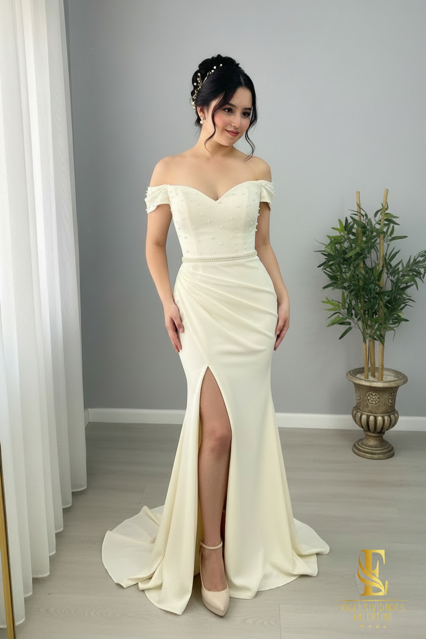 Vestido Marfil Sirena Off-Shoulder con Perlas Dispersas y Abertura cod.0074