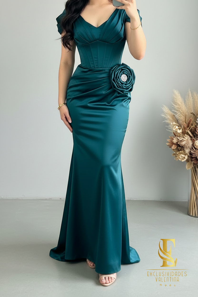 Vestido Largo Verde Azulado - Corset con Rosa D3 cod.V832