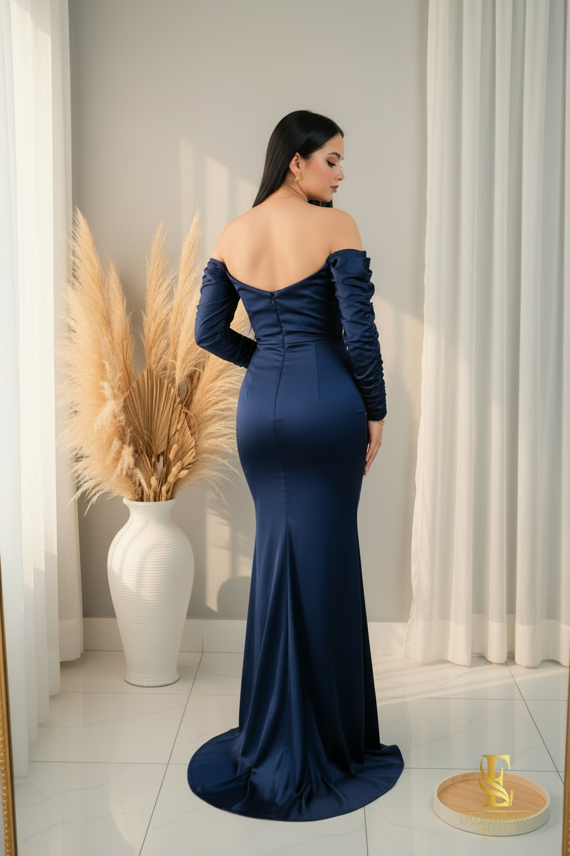 Vestido Azul Marino Satinado Off-Shoulder Manga Fruncida cod.00176