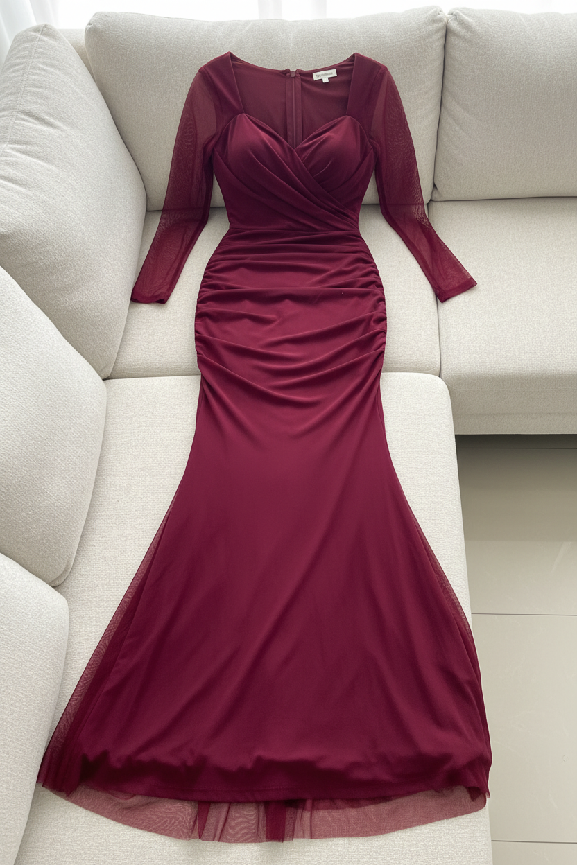 Vestido Vino Sirena con Tul y Drapeado cod.V361