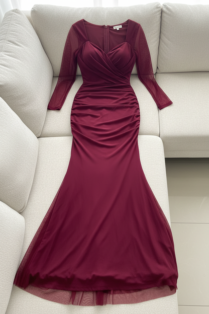 Vestido Vino Sirena con Tul y Drapeado cod.V361