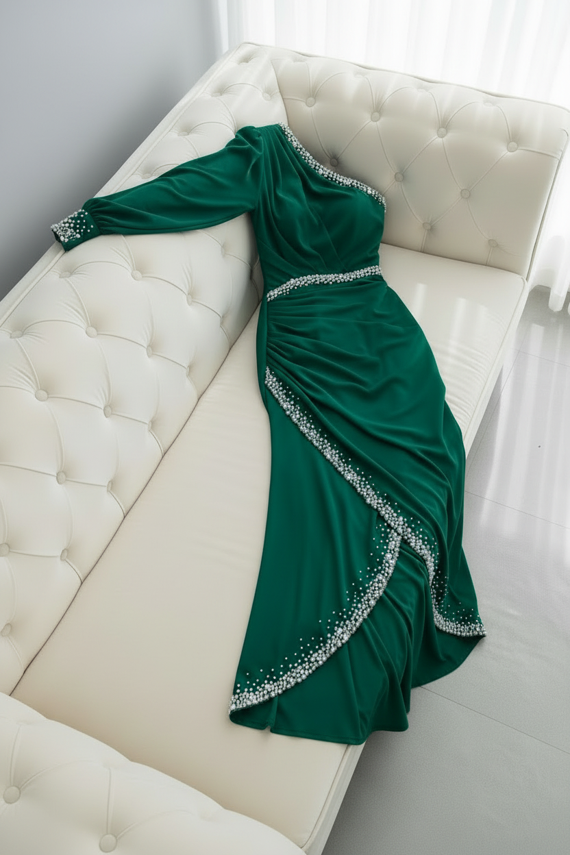 Vestido Verde Esmeralda Un Hombro Cinturón Perlas | VE-022