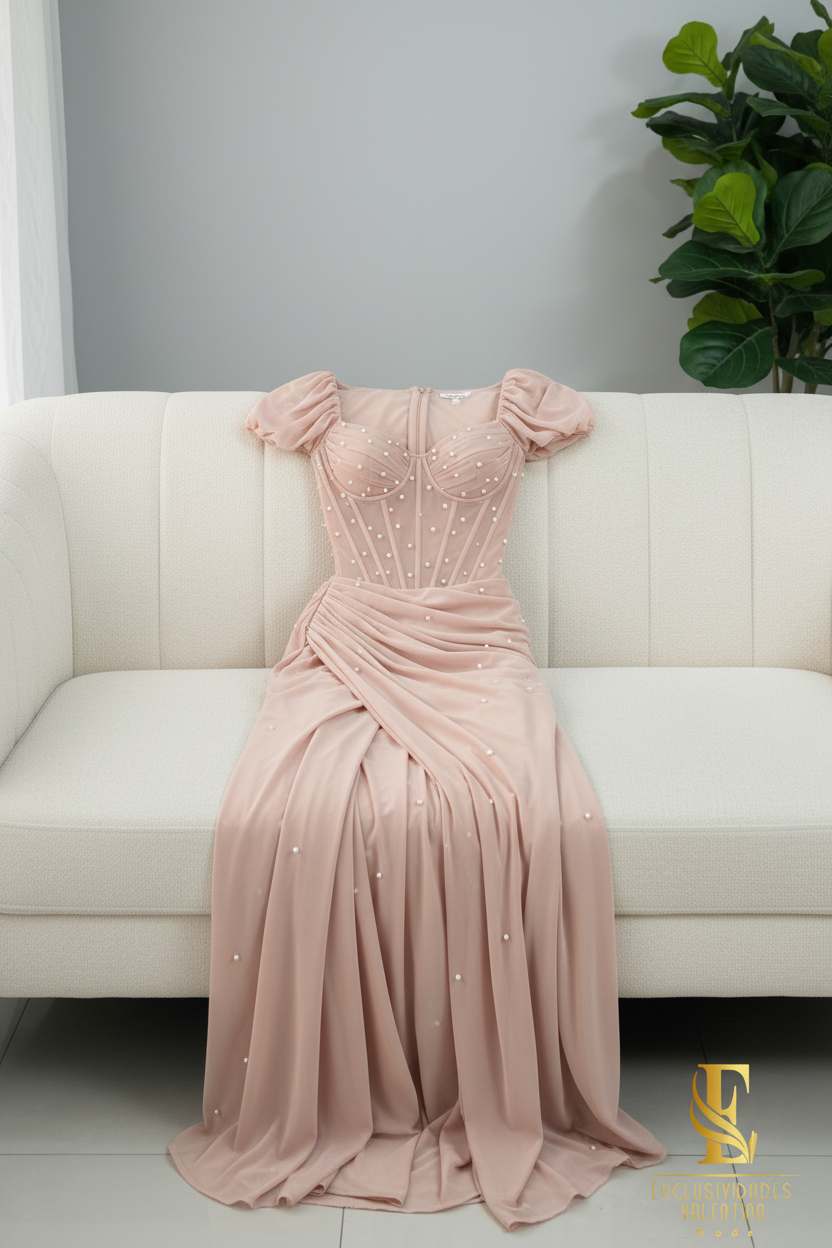 Vestido Rosa Palo Corsé con Perlas y Mangas Puff cod.V662