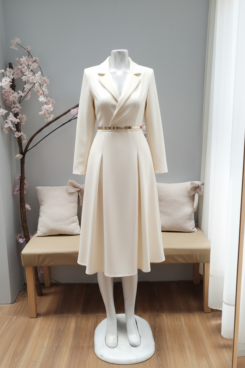 Vestido Ivory Tipo Blazer con Falda A-Line y Cinturón Dorado cod.V373