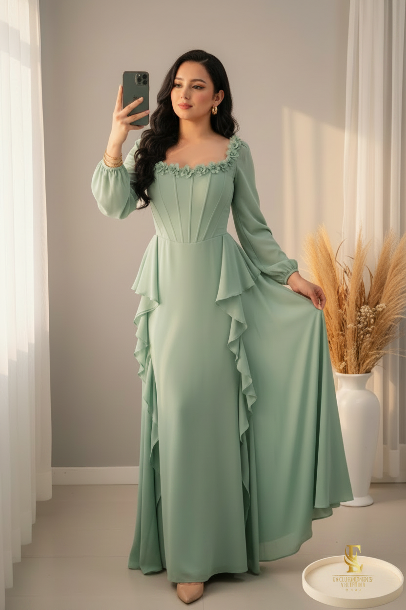 Vestido Verde Salvia Corset Cuello Cuadrado Flores D cod.00167