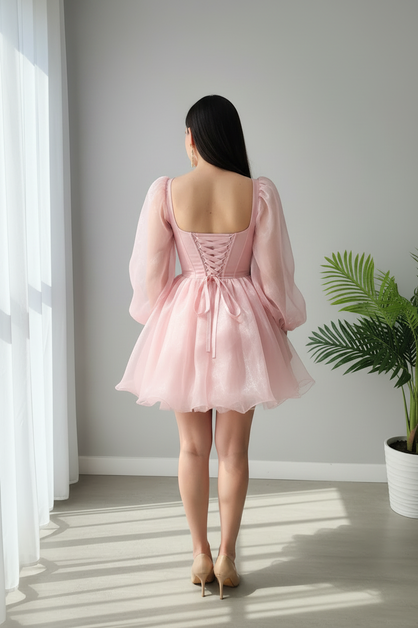 Vestido Rosa Pastel Corsé Manga Puff Bishop con Falda Organza Mini cod.983