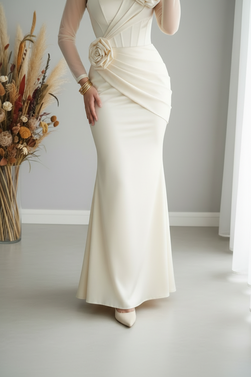 Vestido Marfil Manga Tul Asimétrica Dos Rosas D cod.V425