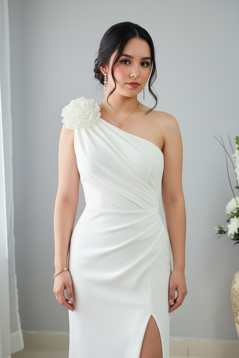 Vestido Blanco One-Shoulder Rosa 3D Sirena Slit cod.V586