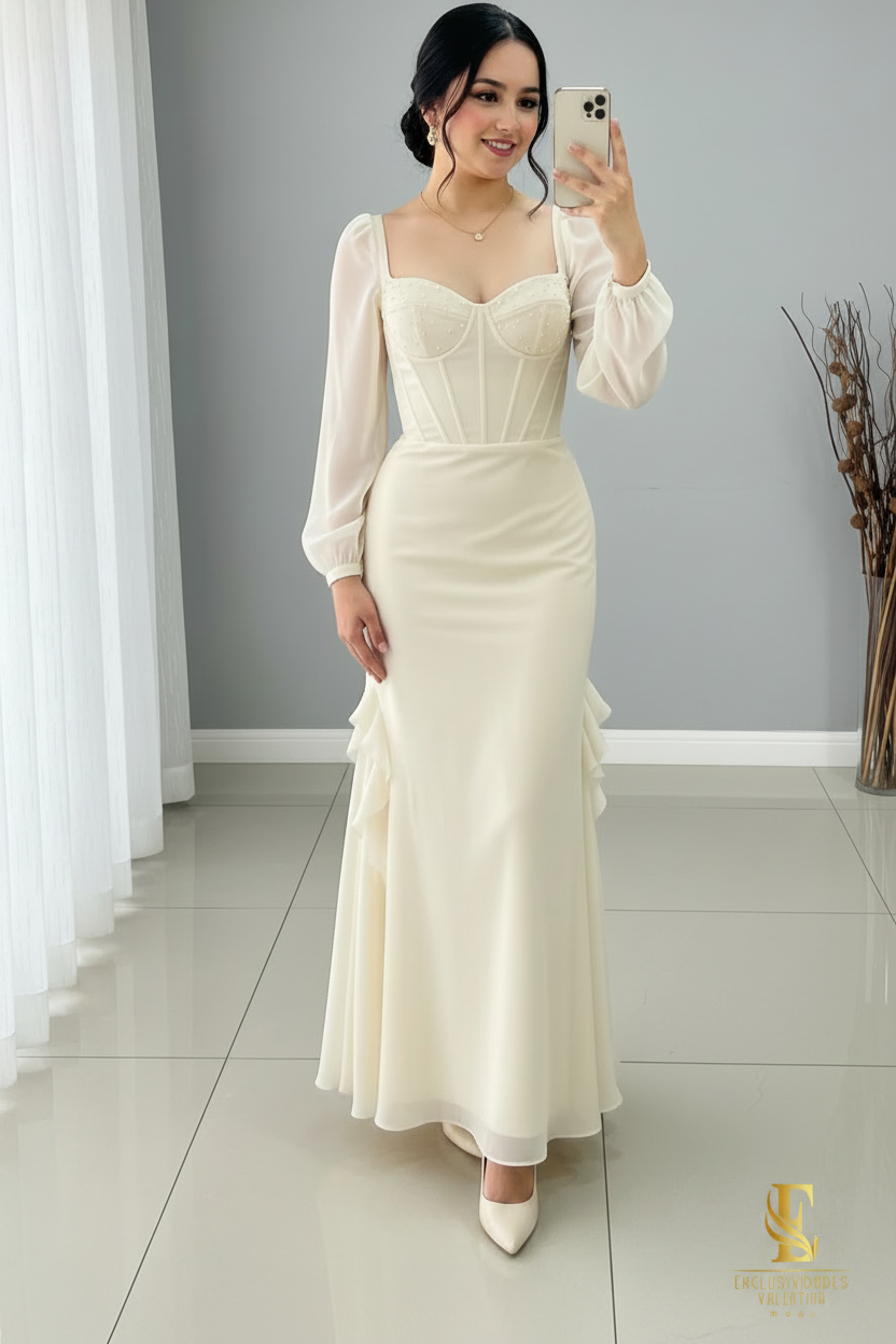 Vestido Ivory Corset Manga Chifón Sirena con Volantes cod.V289