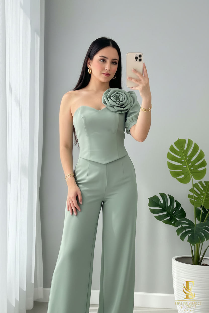 Conjunto Verde Menta — Corset Rosa 3D & Palazzo cod.0032