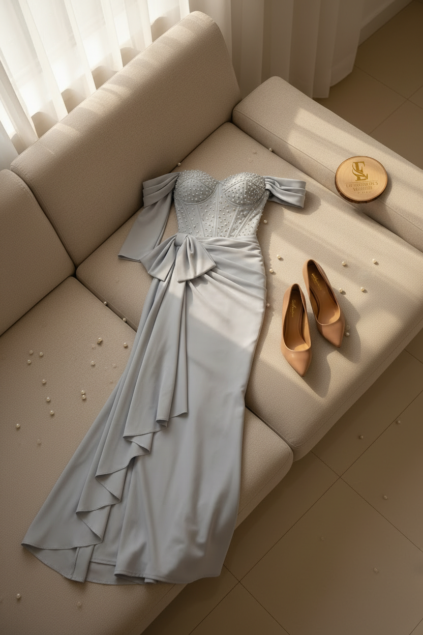 Vestido Formal Gris Plateado Off-Shoulder Corset de Perlas con Lazo Drapeado cod.521