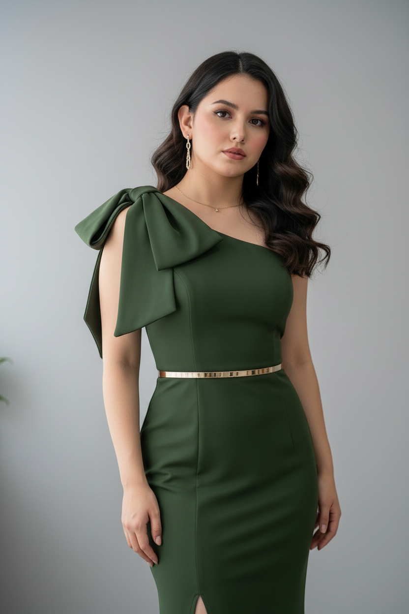 Vestido Verde Militar Un Hombro con Moño y Cinturón Dorado cod.728