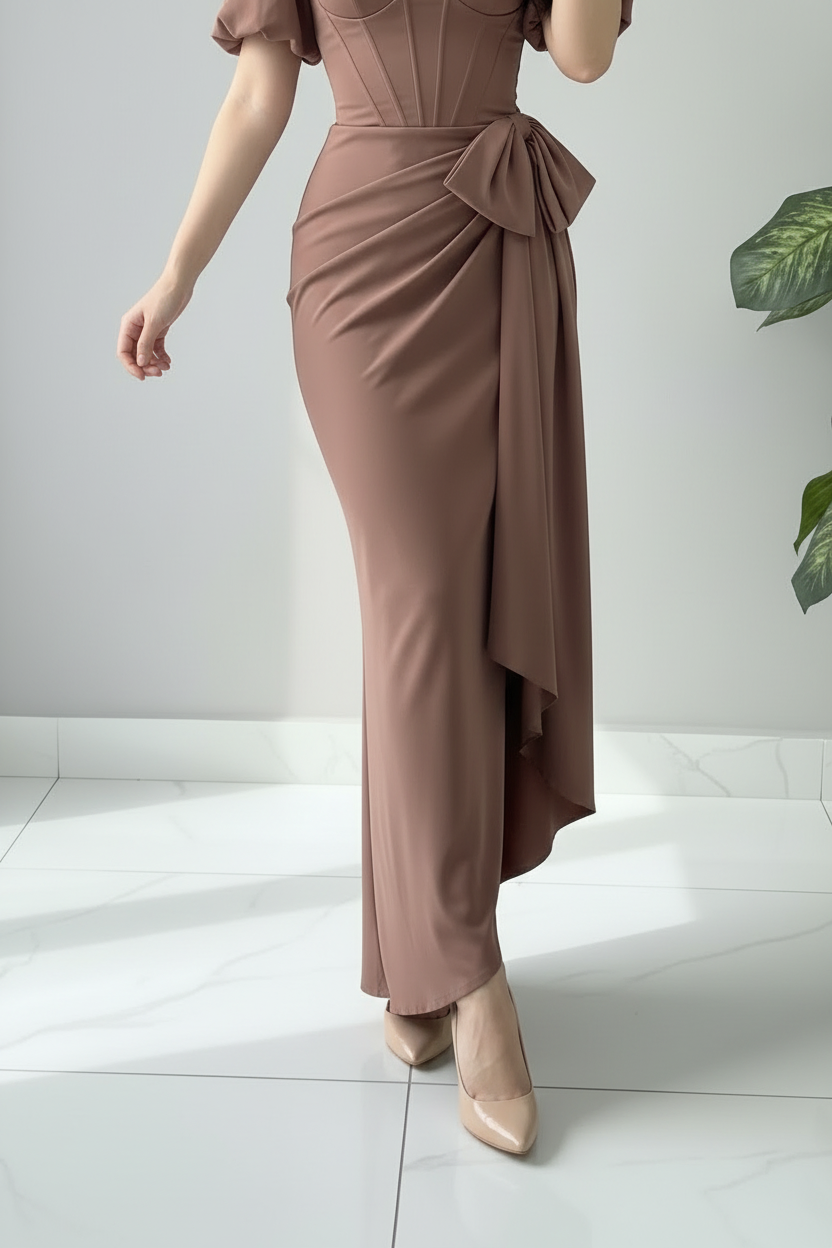 Vestido Mauve Corset con Mangas Globo y Lazo en la Cadera cod.659