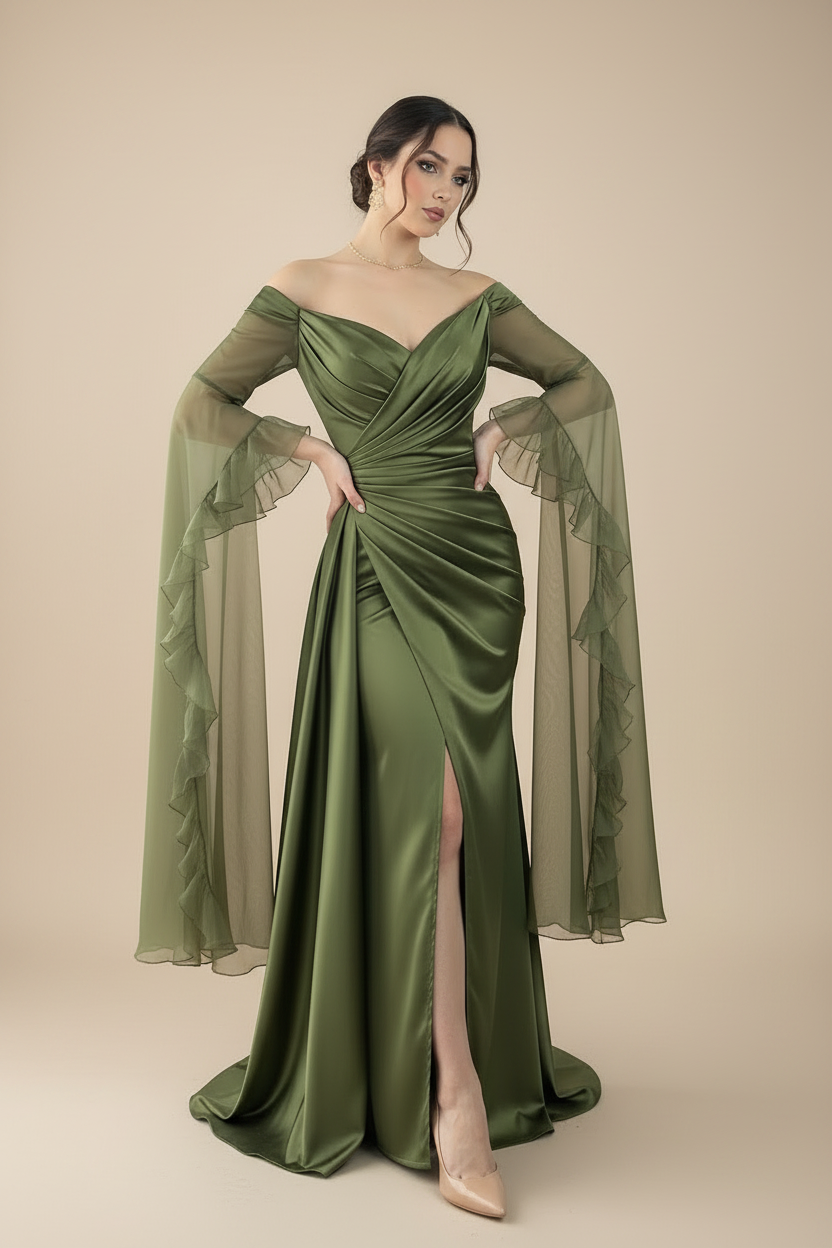 Vestido Largo Verde Oliva Satén — Off-Shoulder, Manga Tul con Volantes & Abertura Frontal cod.895