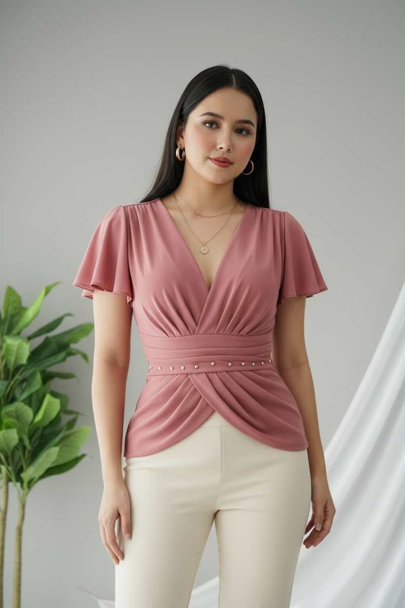 Blusa Rosa Mariposa Drapeada con Tachuelas Doradas cod.B606