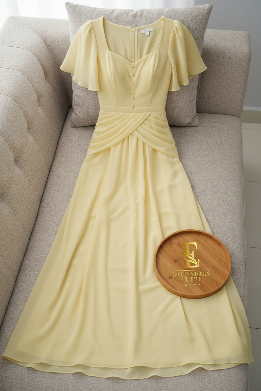 Vestido Amarillo Suave Maxi Gasa Manga Butterfly cod.958