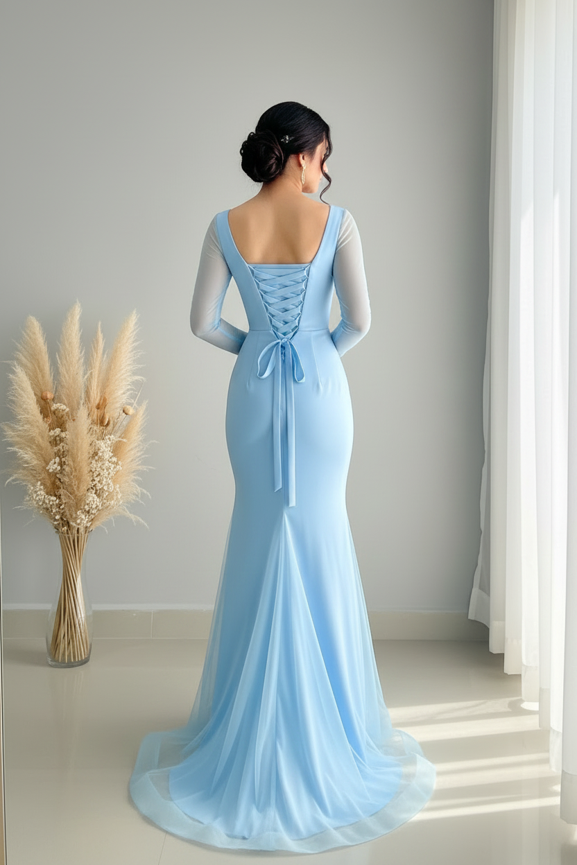 Vestido Azul Bebé Sirena con Tul y Mangas Transparentes cod.V367