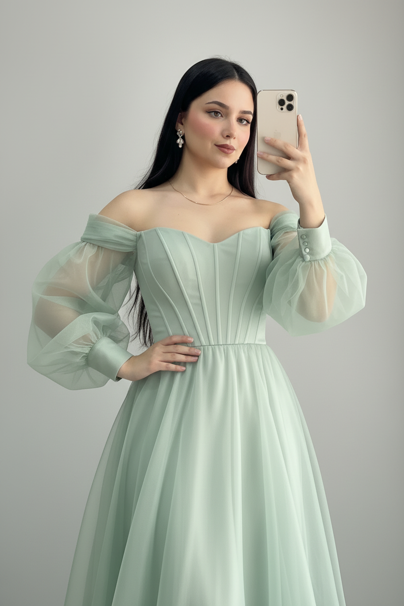 Vestido Verde Menta Off-Shoulder Manga Bishop Tul Maxi cod.978