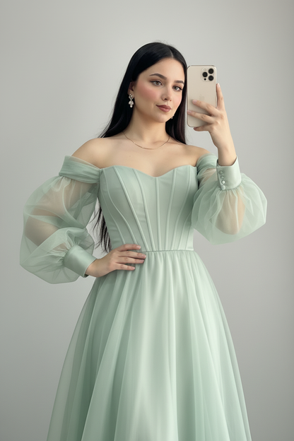 Vestido Verde Menta Off-Shoulder Manga Bishop Tul Maxi cod.978