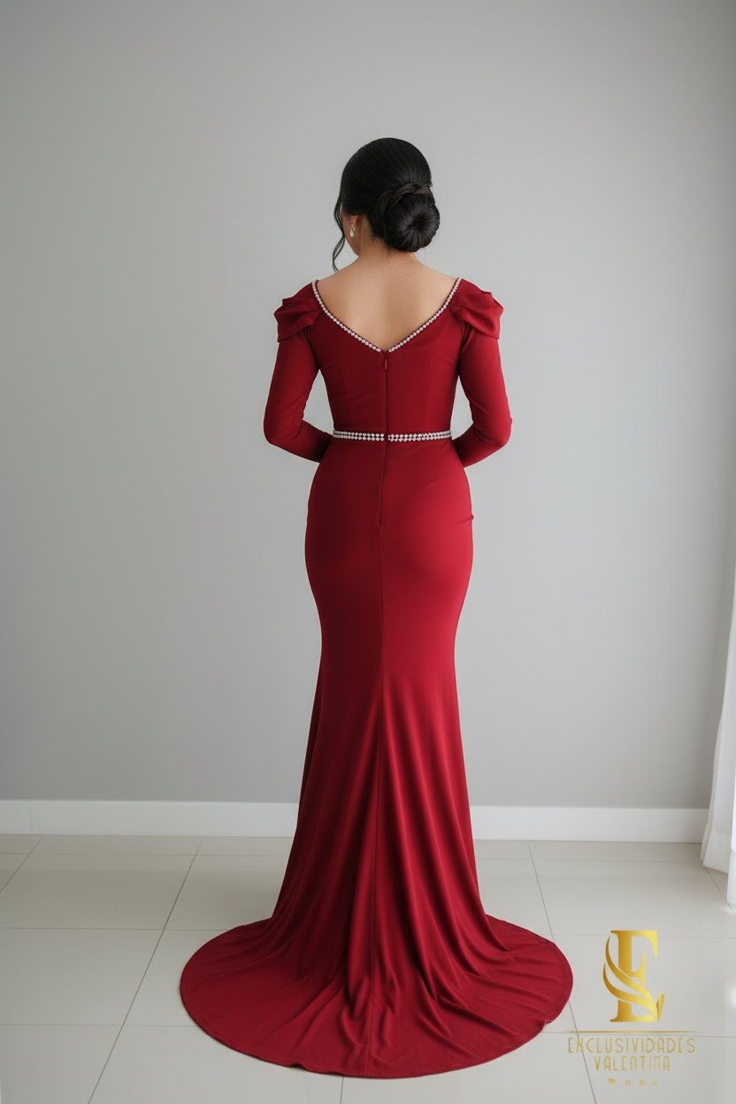 Vestido Sirena Rojo Vino con Cinturón Doble de Cristales Cod.V243