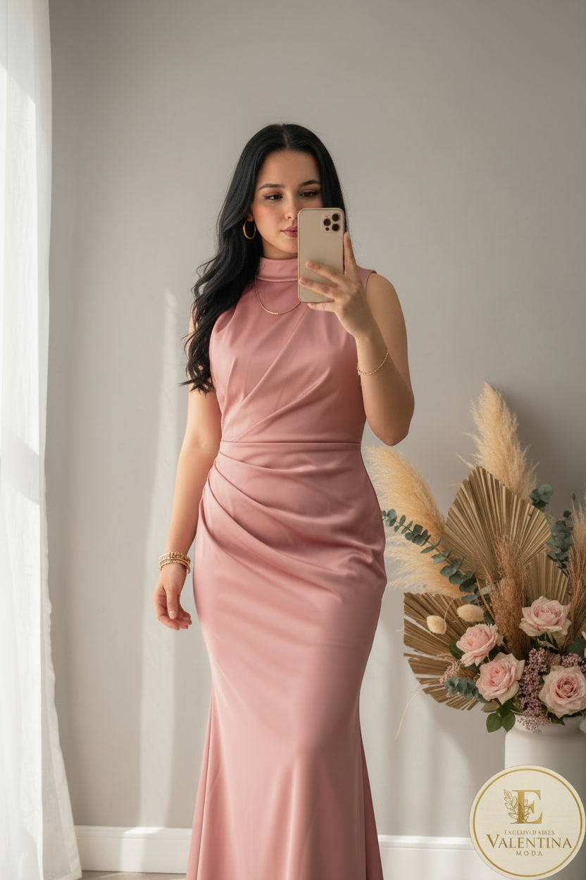 Vestido Rosa Palo Sirena Cuello Alto cod.00157