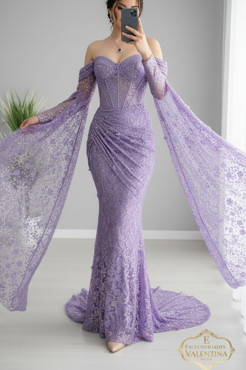 Vestido Sirena Lila Encaje Mangas Capa cod.913