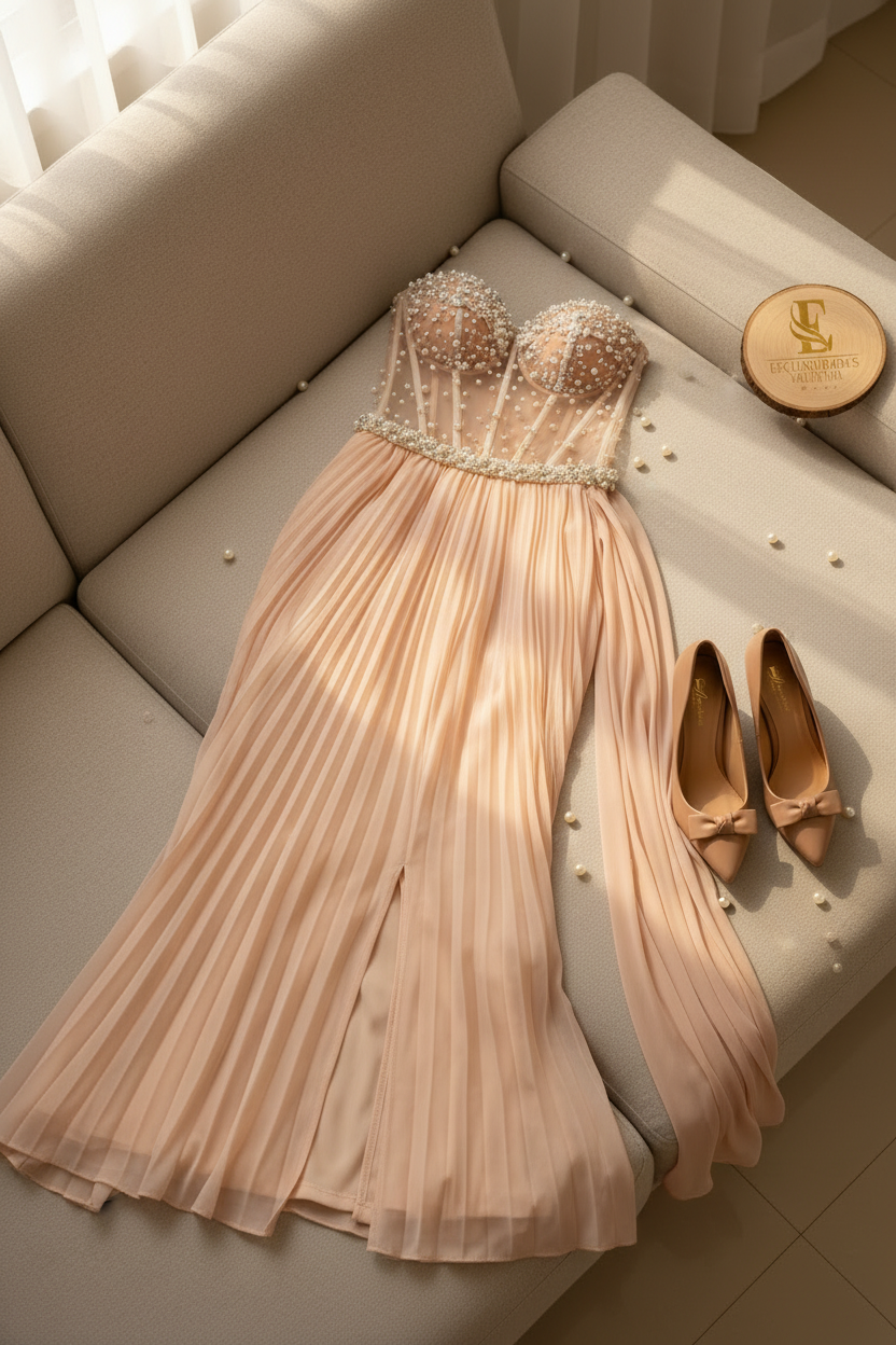 Vestido Formal Champagne Strapless Corset Transparente con Perlas y Capa Drapeada cod.530