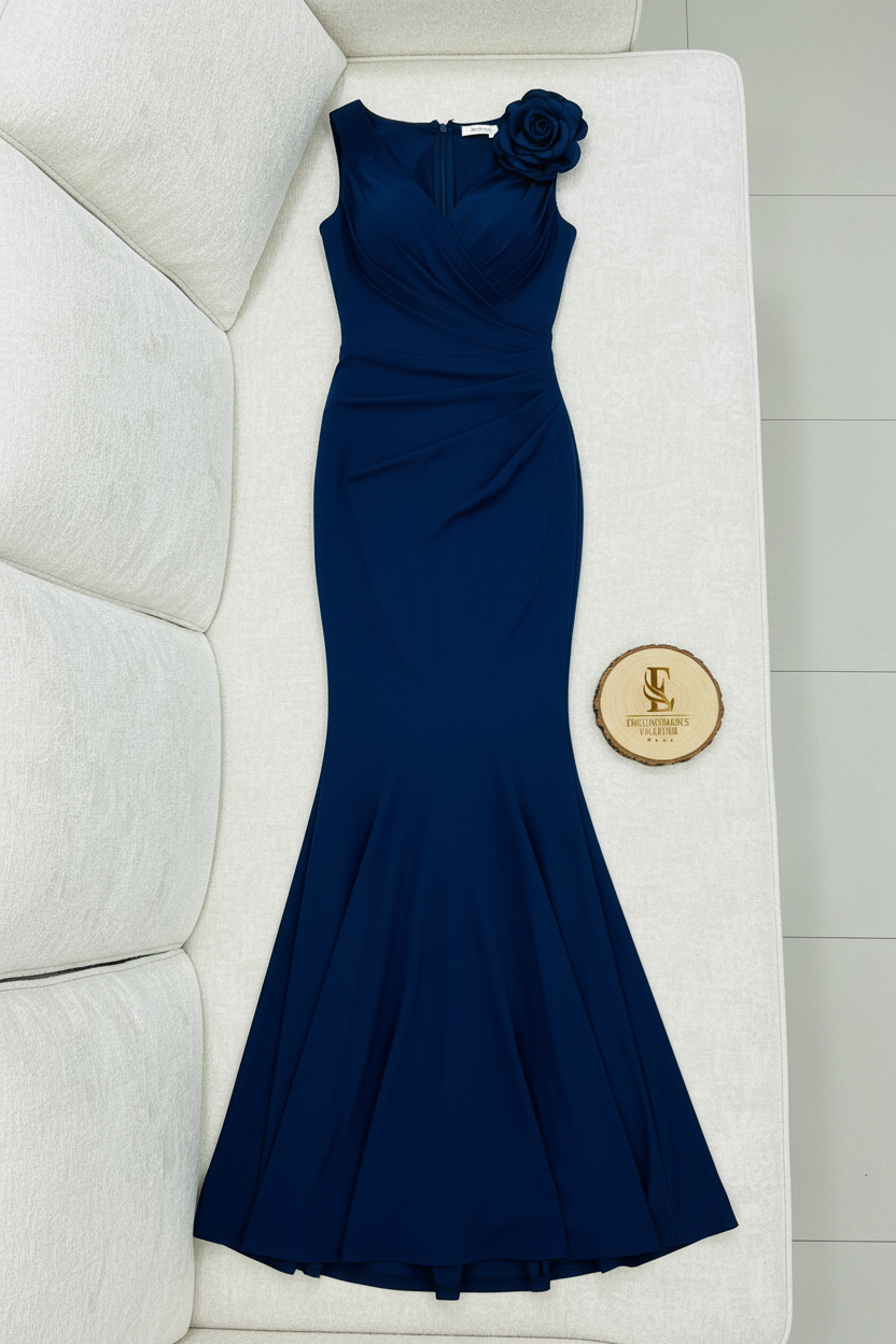 Vestido Sirena Azul Marino — Escote V Cruzado, Rosa 3D en Hombro & Cola cod.892