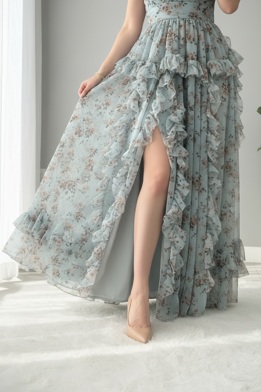 Vestido Verde Agua Floral — Escote V, Volantes & Abertura cod.866