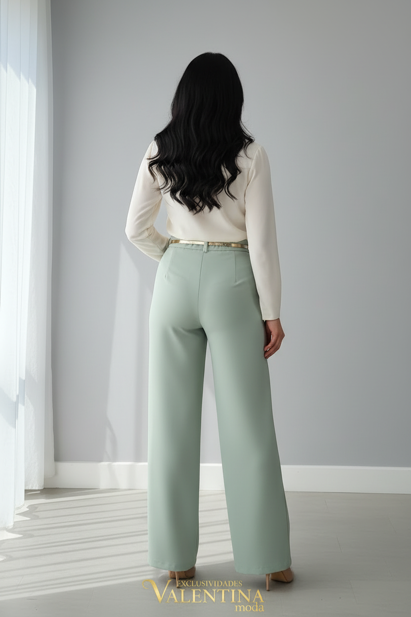 Conjunto Blusa Blanca y Pantalón Verde Menta cod.C730