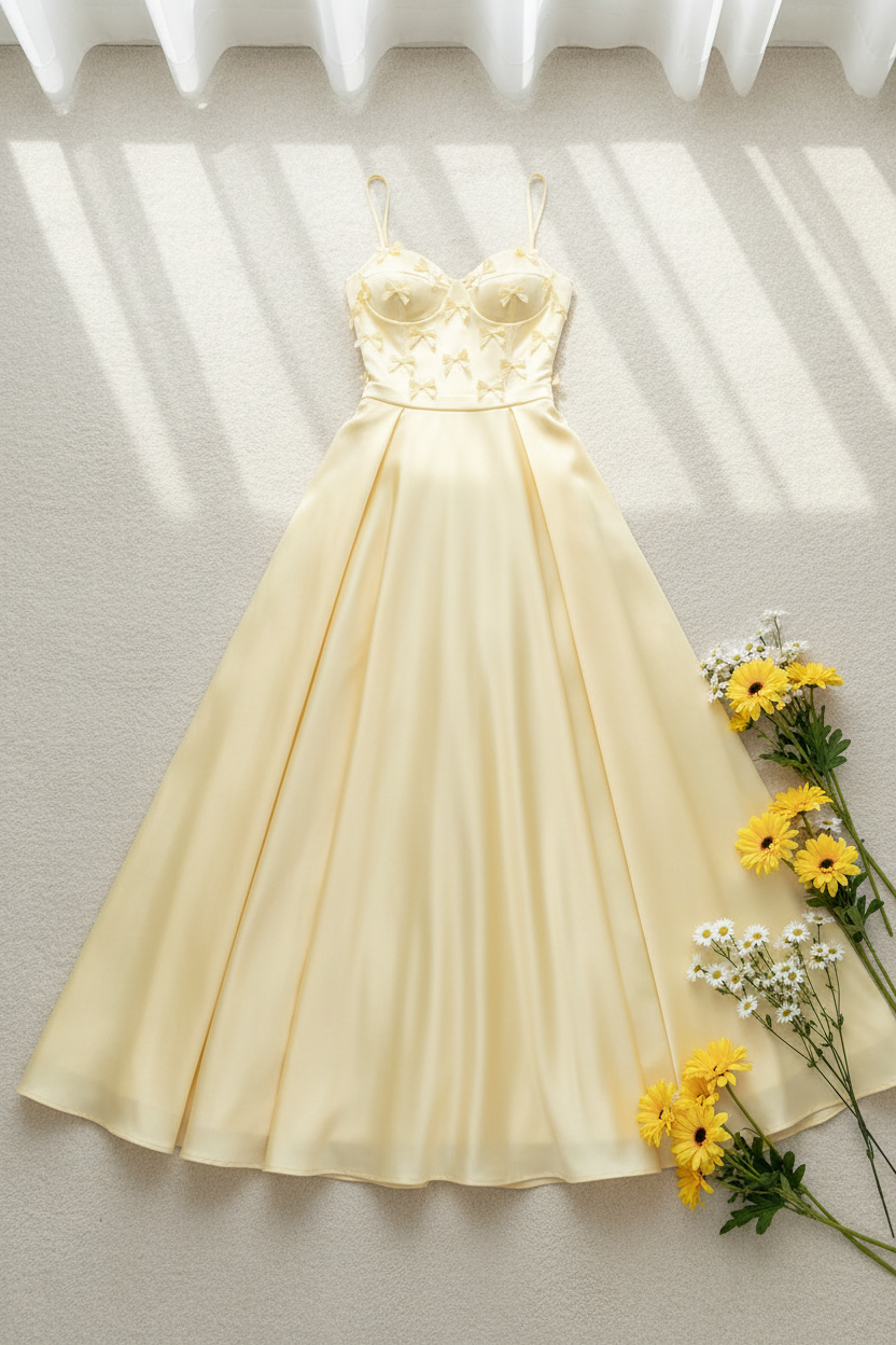 Vestido amarillo pastel mariposas 3D ball gown C.1937