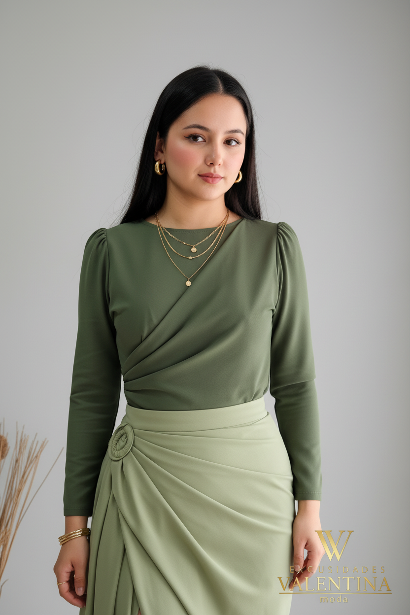 Blusa Verde Olivo Manga Larga con Frente Cruzado cod.B527