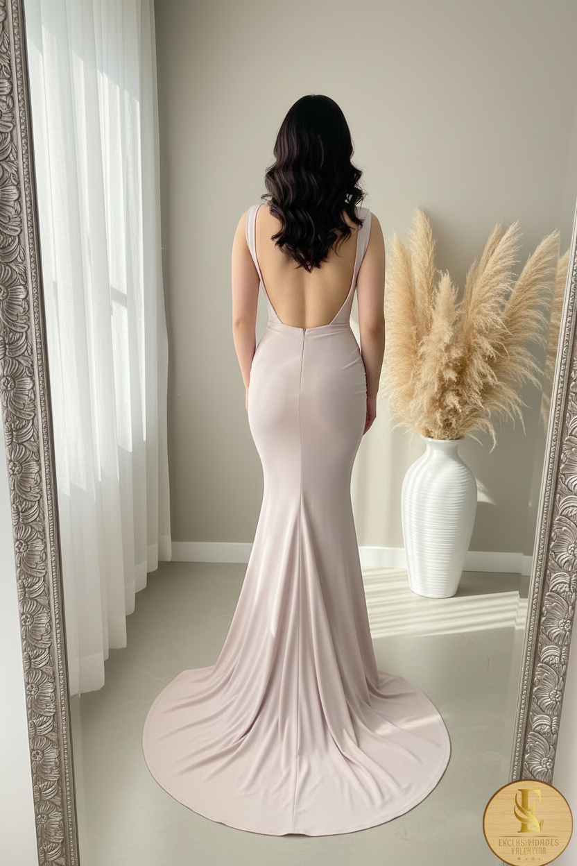 Vestido Nude Rosado Tirantes Anchos Corsé Sirena Cola cod.00109