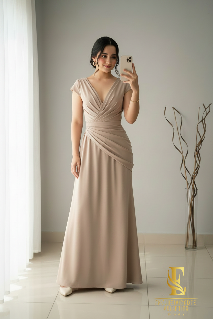 Vestido Champagne Largo Escote V Drapeado Diagonal Manga Capa cod.V294
