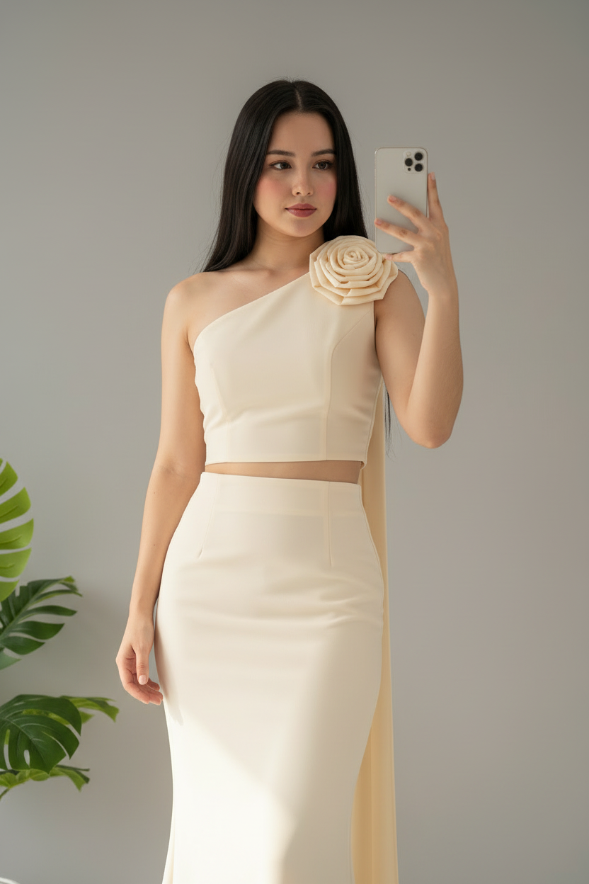 Conjunto Ivory Rose – Top Un Hombro con Rosa 3D & Cola + Falda Sirena cod.683