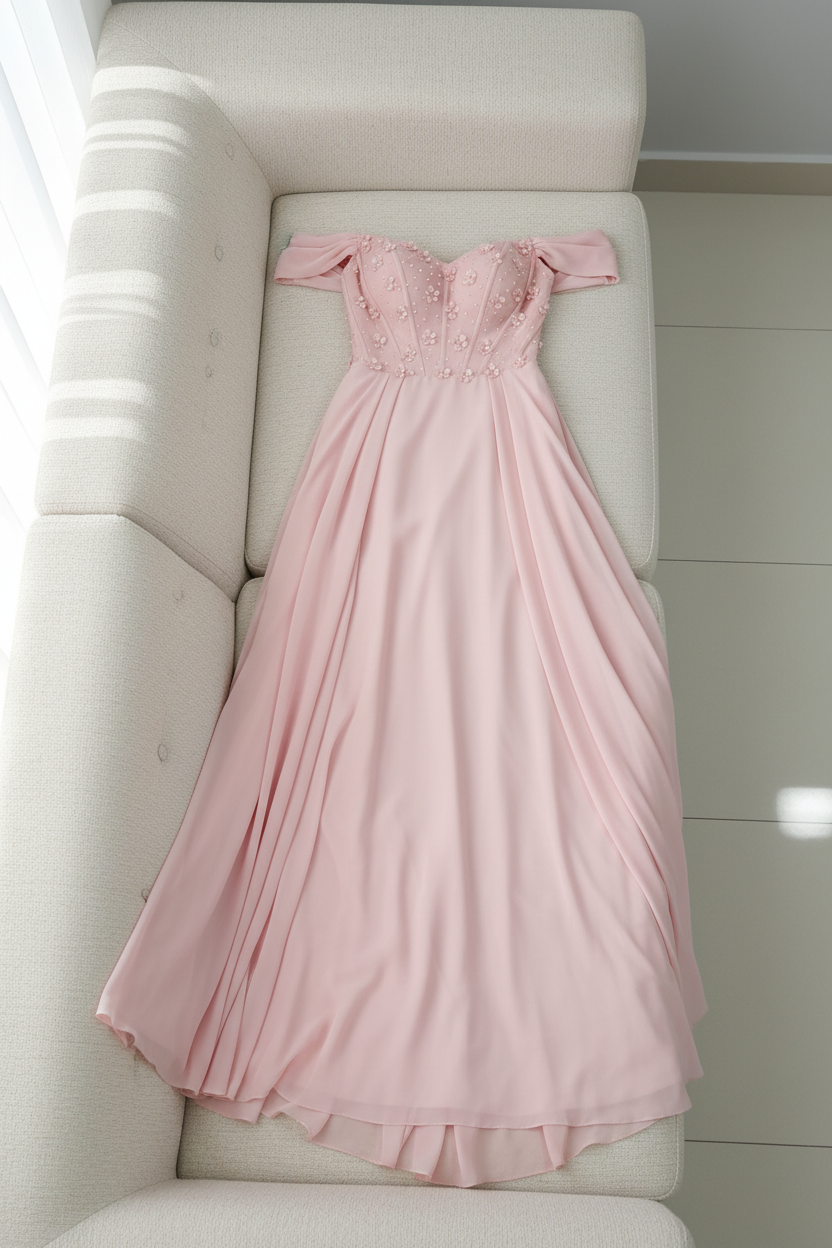 Vestido Rosa Off-Shoulder A-Line con Flores y Perlas cod.V366