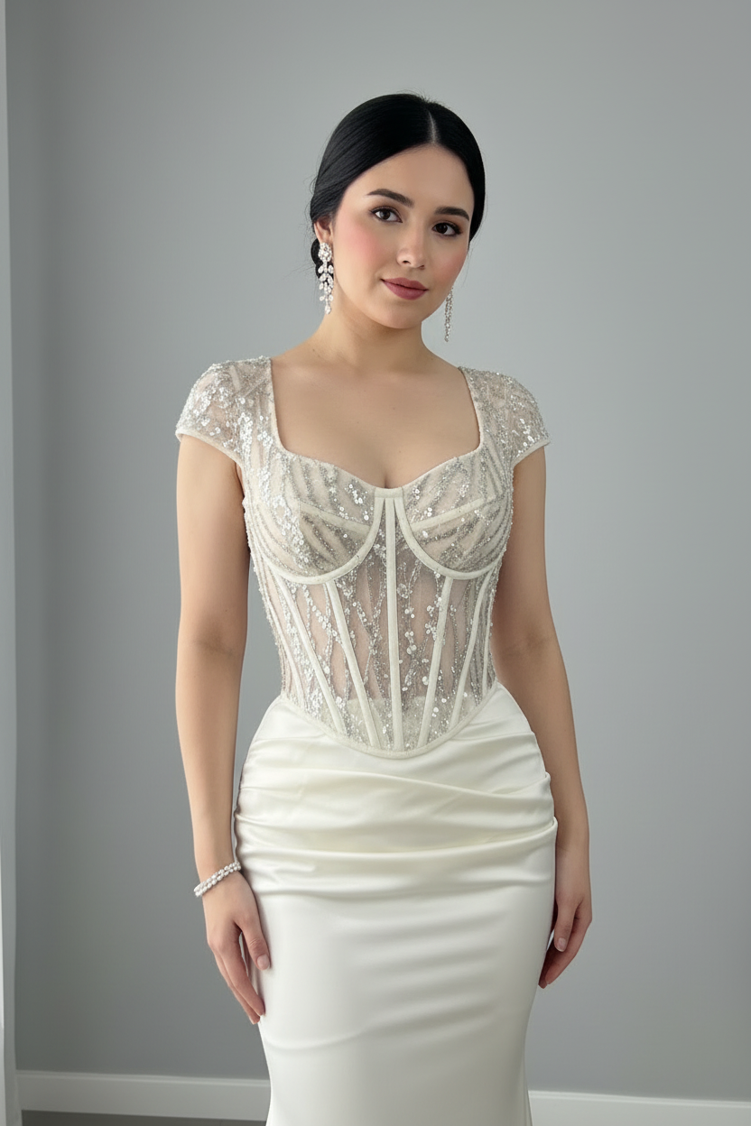Vestido Sirena Blanco Marfil — Corset Transparente Perlas & Cola cod.881