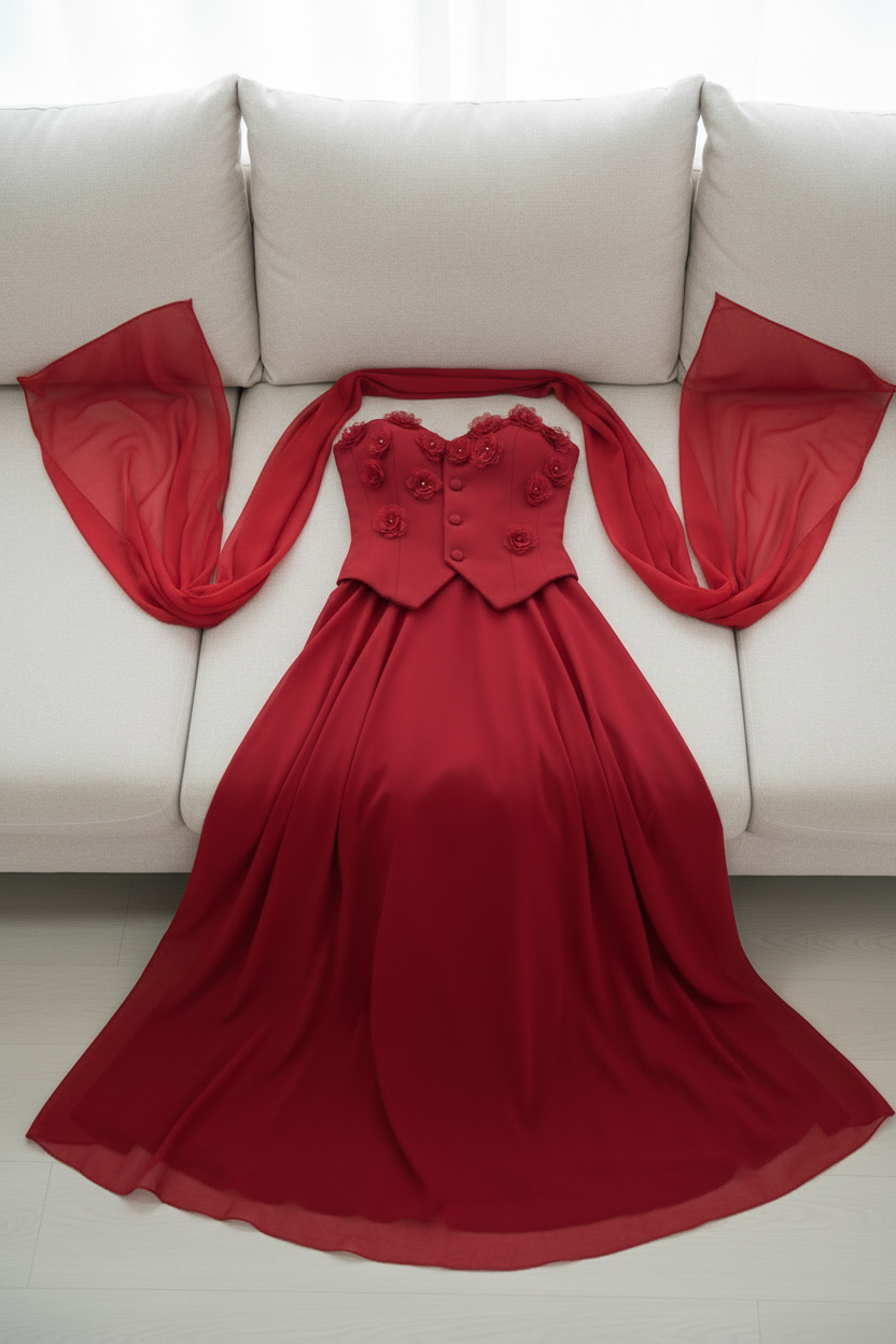 Conjunto Rojo de Gala — Blusa Chaleco + Falda Chiffon cod.C615